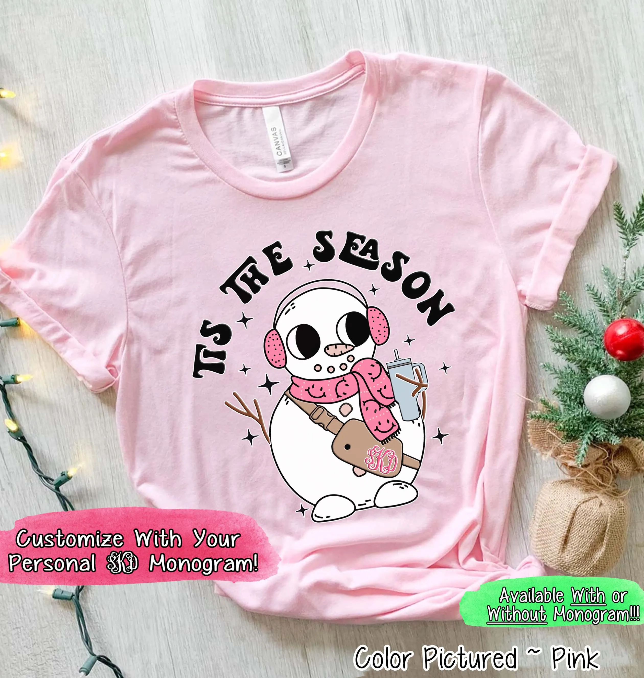 Monogram Bougie Tis The Season Snowman Christmas Tee or Sweatshirt
