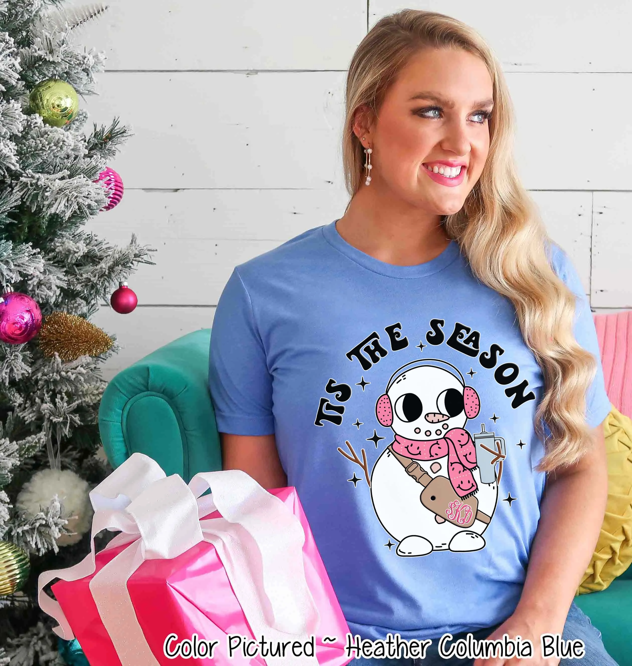 Monogram Bougie Tis The Season Snowman Christmas Tee or Sweatshirt