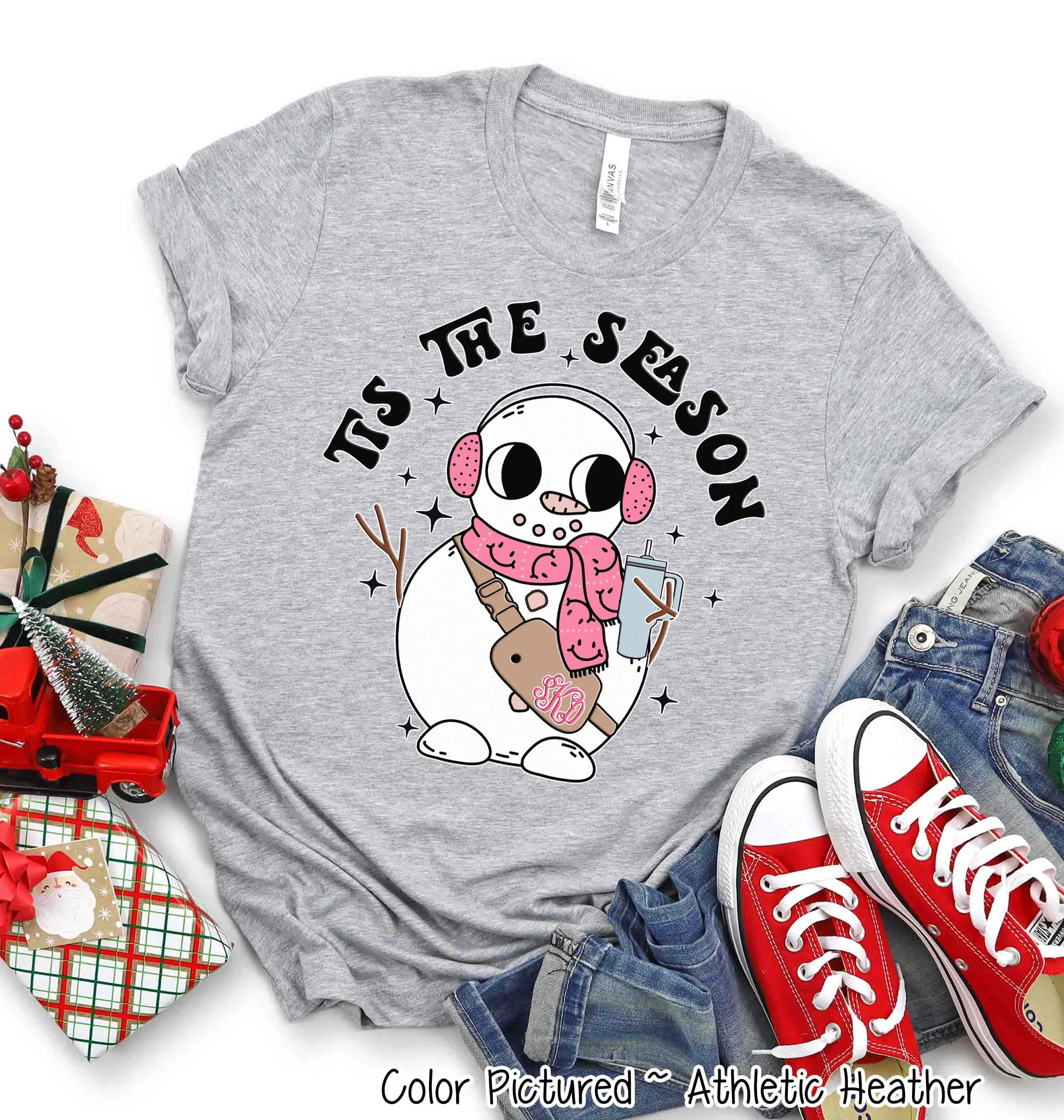 Monogram Bougie Tis The Season Snowman Christmas Tee or Sweatshirt
