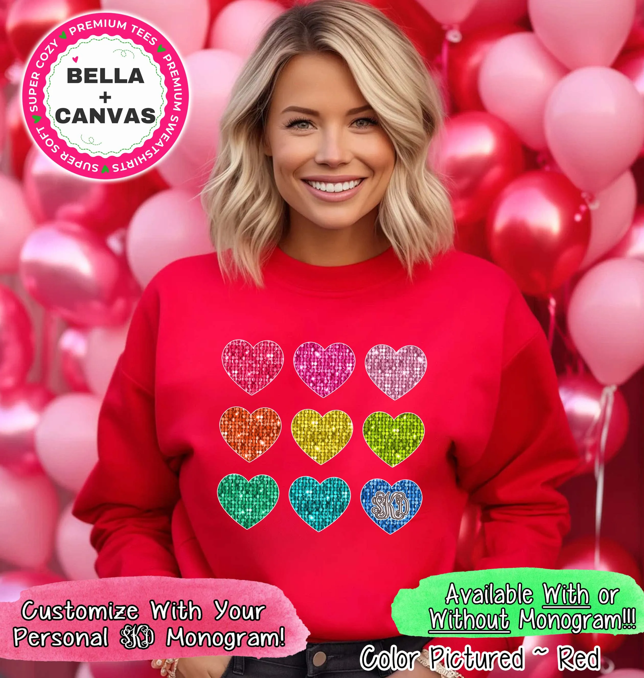 Monogram Faux Sequin Hearts Valentine Tee or Sweatshirt