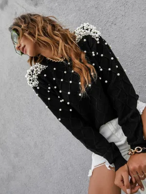 Mulvari Solid Color Sweater With Faux Pearls Decoration