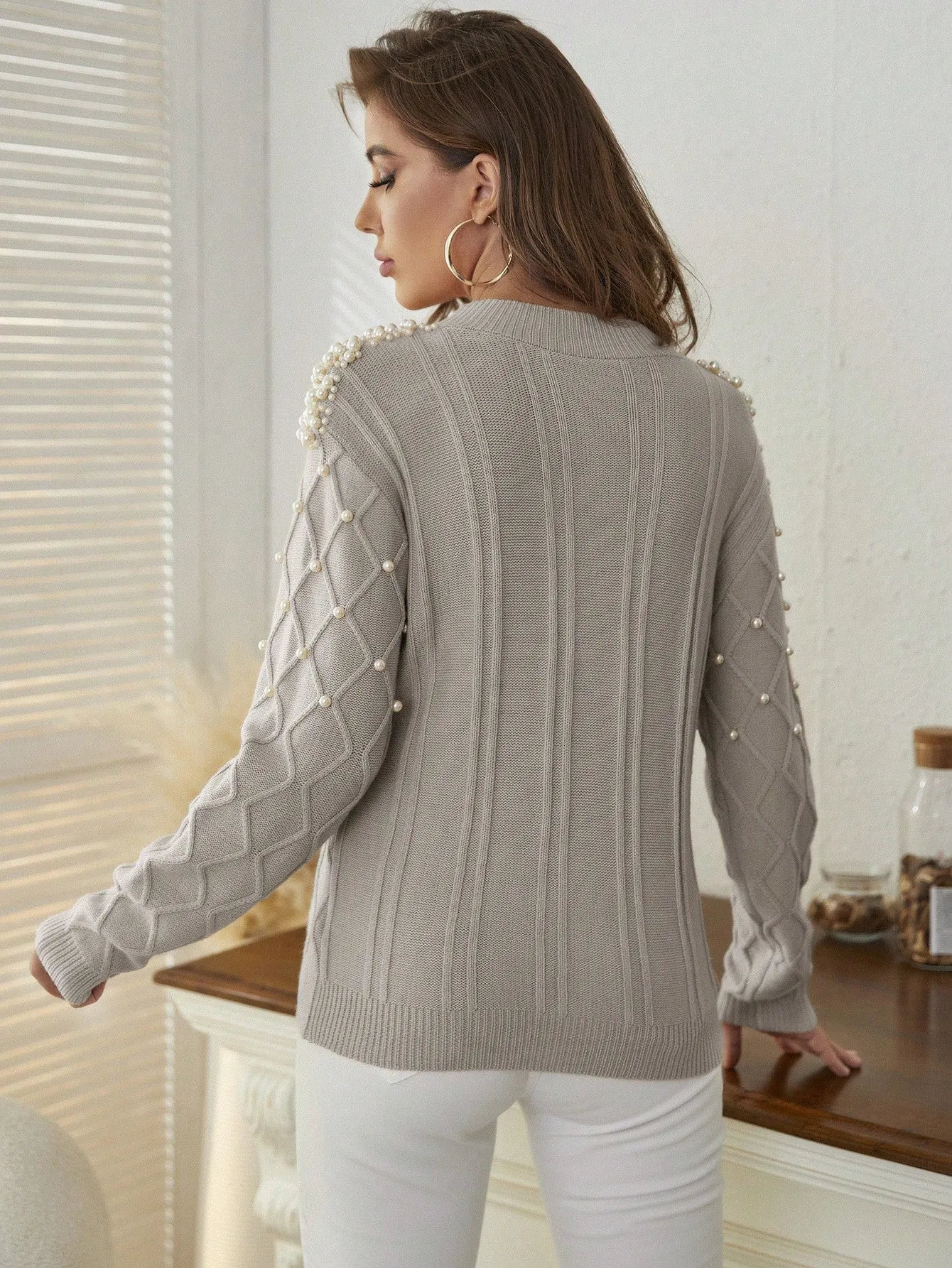 Mulvari Solid Color Sweater With Faux Pearls Decoration