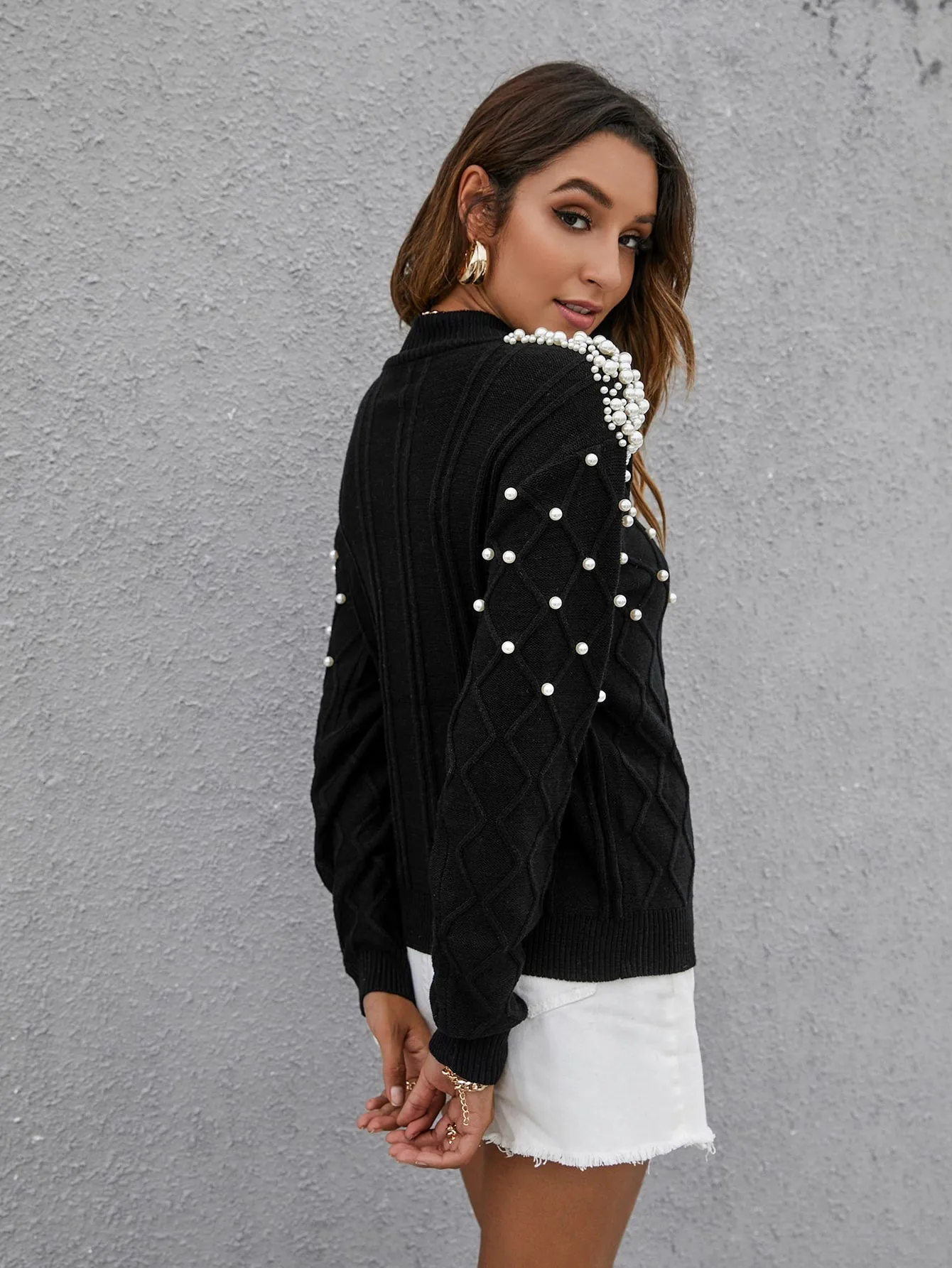 Mulvari Solid Color Sweater With Faux Pearls Decoration