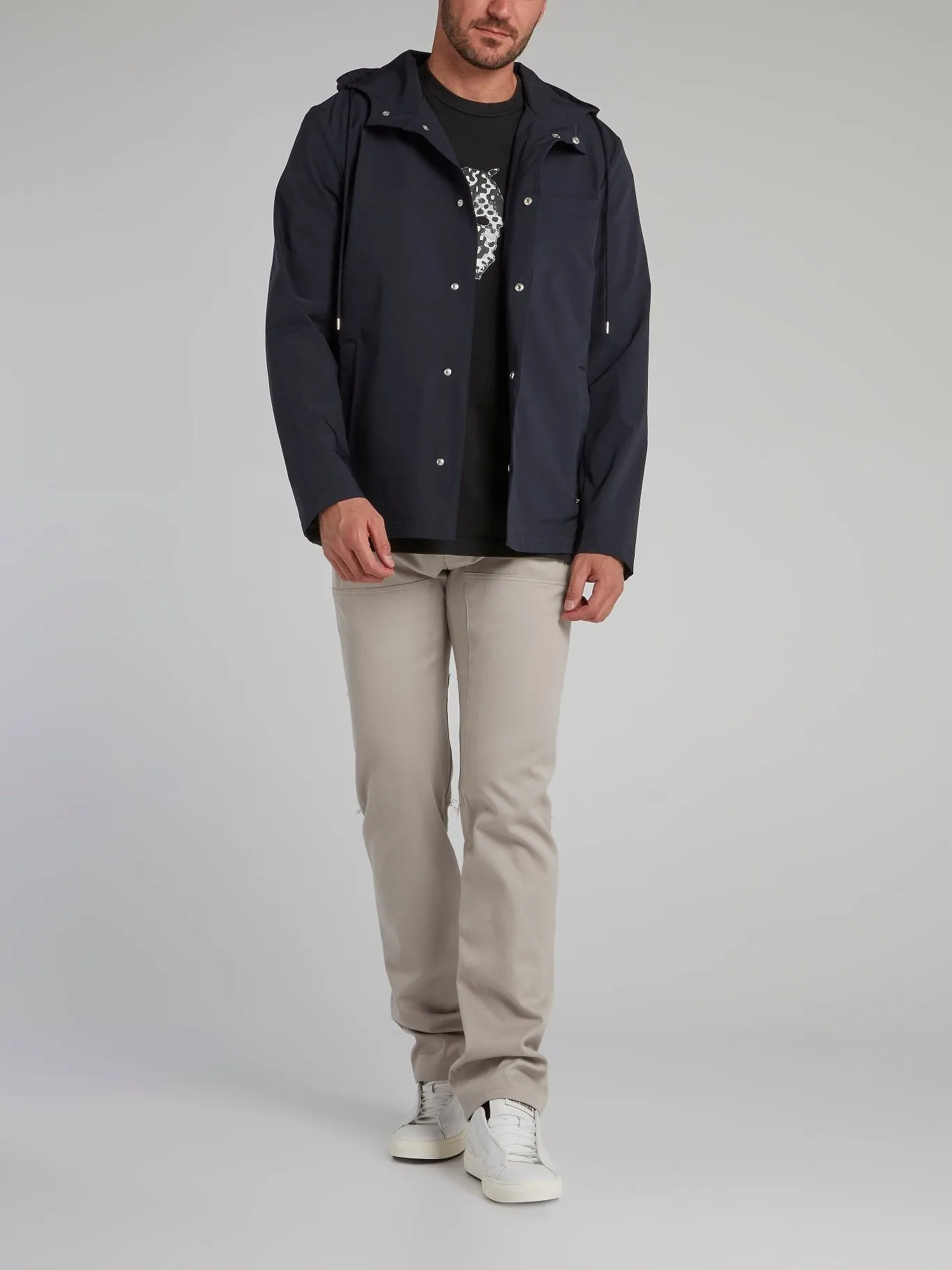 Navy Button Up Hooded Jacket