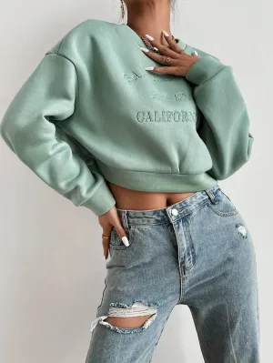 New Shein Letter Embroidery Drop Shoulder Crop Sweatshirt, Sz S