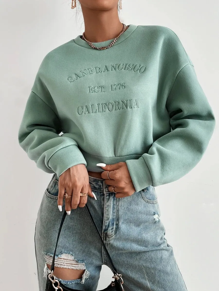 New Shein Letter Embroidery Drop Shoulder Crop Sweatshirt, Sz S