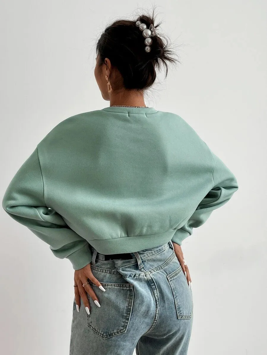 New Shein Letter Embroidery Drop Shoulder Crop Sweatshirt, Sz S