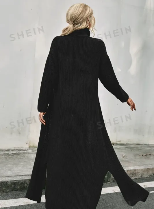 NEW SHEIN LUNE High Neck Drop Shoulder Split Hem Wrap Longline Sweater Without Belt, Black, Sz L