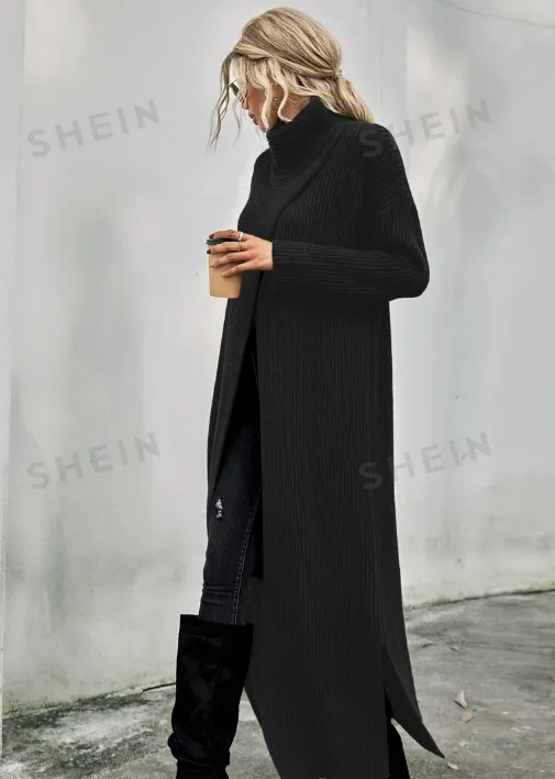 NEW SHEIN LUNE High Neck Drop Shoulder Split Hem Wrap Longline Sweater Without Belt, Black, Sz L