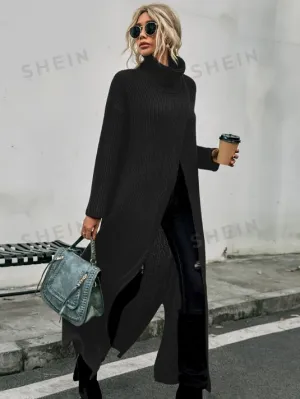 NEW SHEIN LUNE High Neck Drop Shoulder Split Hem Wrap Longline Sweater Without Belt, Black, Sz L