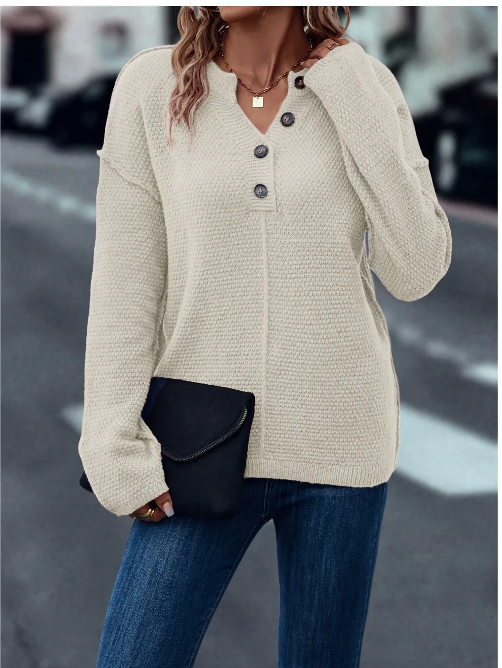 New SHEIN LUNE Quarter Button Drop Shoulder Sweater in Beige, Sz M