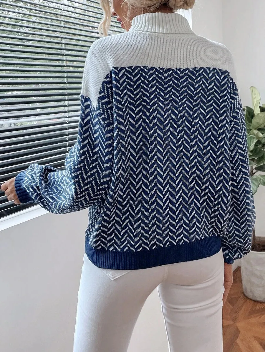 New Shein Turtleneck Chevron Pattern Lantern Sleeve Sweater, Navy, Ivory, Sz M! Fits True