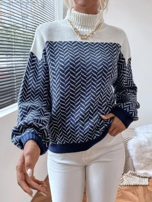 New Shein Turtleneck Chevron Pattern Lantern Sleeve Sweater, Navy, Ivory, Sz M! Fits True