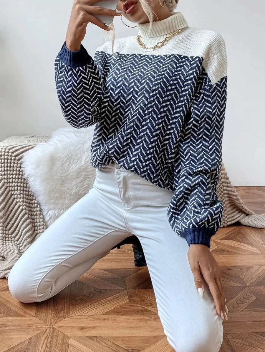 New Shein Turtleneck Chevron Pattern Lantern Sleeve Sweater, Navy, Ivory, Sz M! Fits True