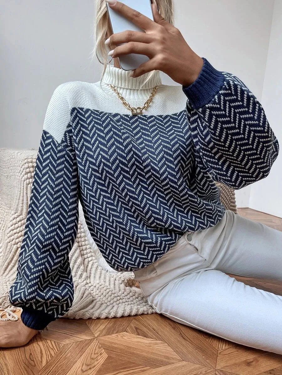 New Shein Turtleneck Chevron Pattern Lantern Sleeve Sweater, Navy, Ivory, Sz M! Fits True