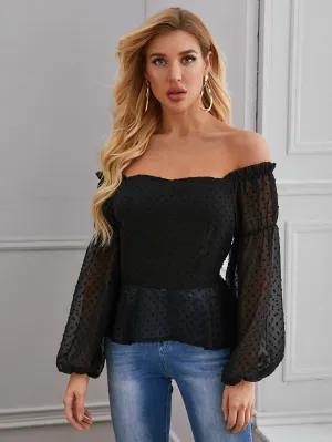 Off Shoulder Lantern Sleeve Swiss Dot Peplum Top(Clearance sale