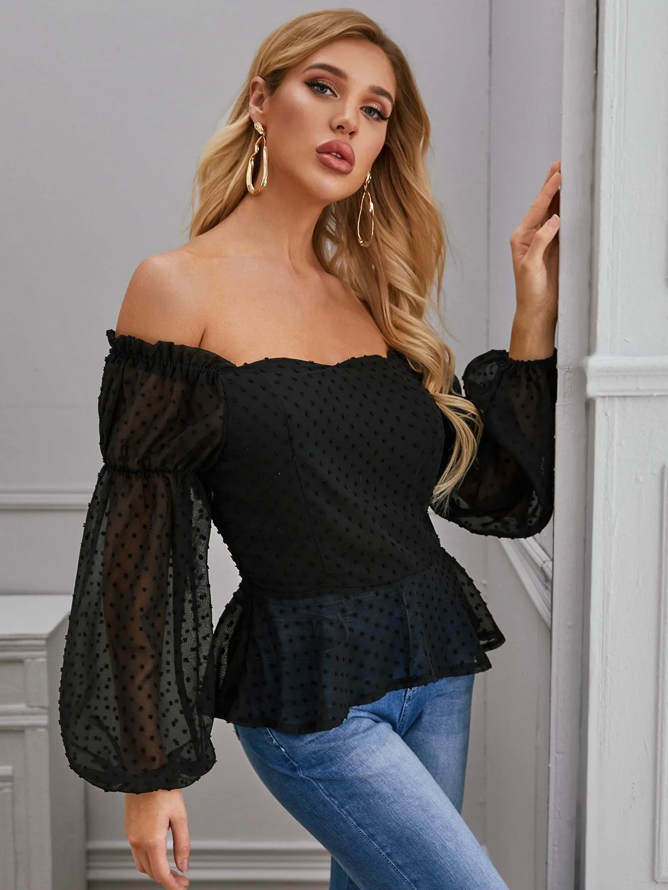 Off Shoulder Lantern Sleeve Swiss Dot Peplum Top(Clearance sale