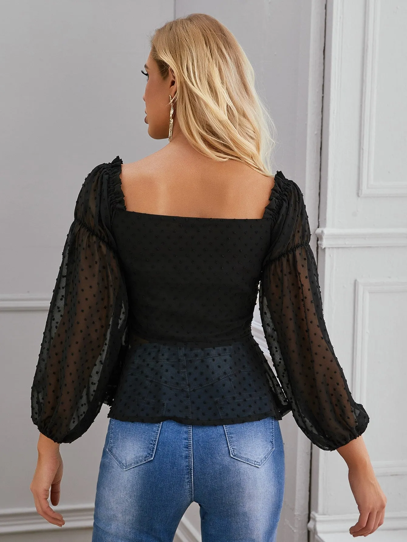 Off Shoulder Lantern Sleeve Swiss Dot Peplum Top(Clearance sale