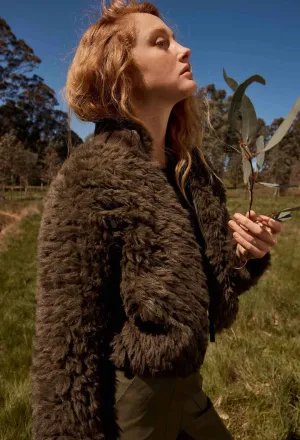 Once Was - Sybil Chevron Faux Fur Rib Collar Bomber in Moss Green