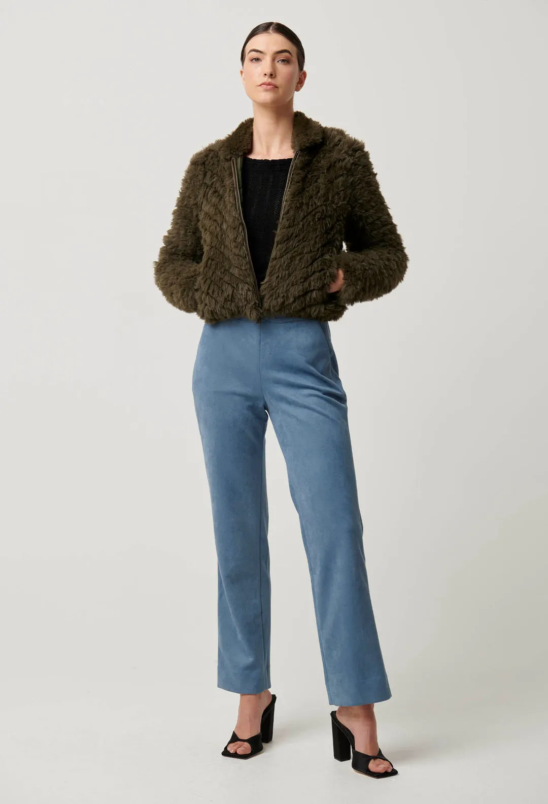 Once Was - Sybil Chevron Faux Fur Rib Collar Bomber in Moss Green