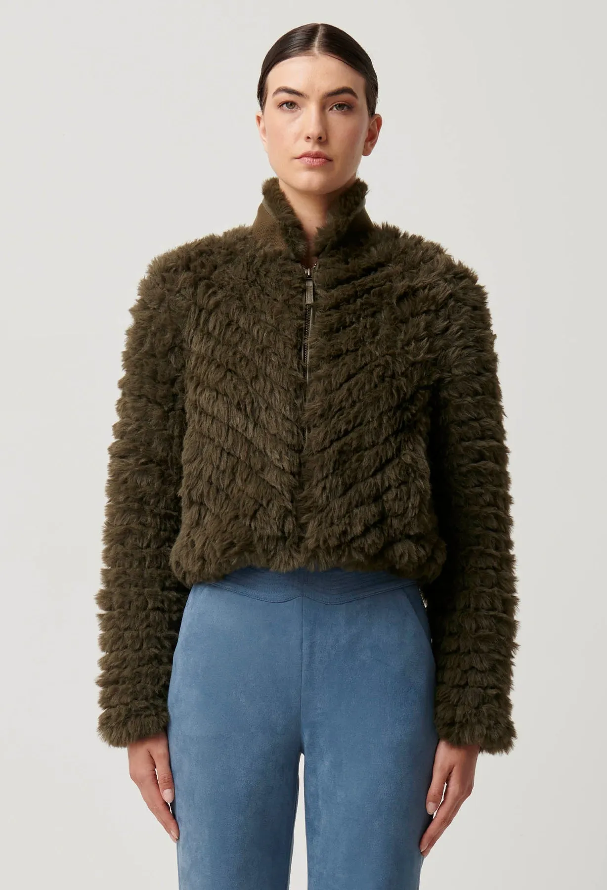 Once Was - Sybil Chevron Faux Fur Rib Collar Bomber in Moss Green