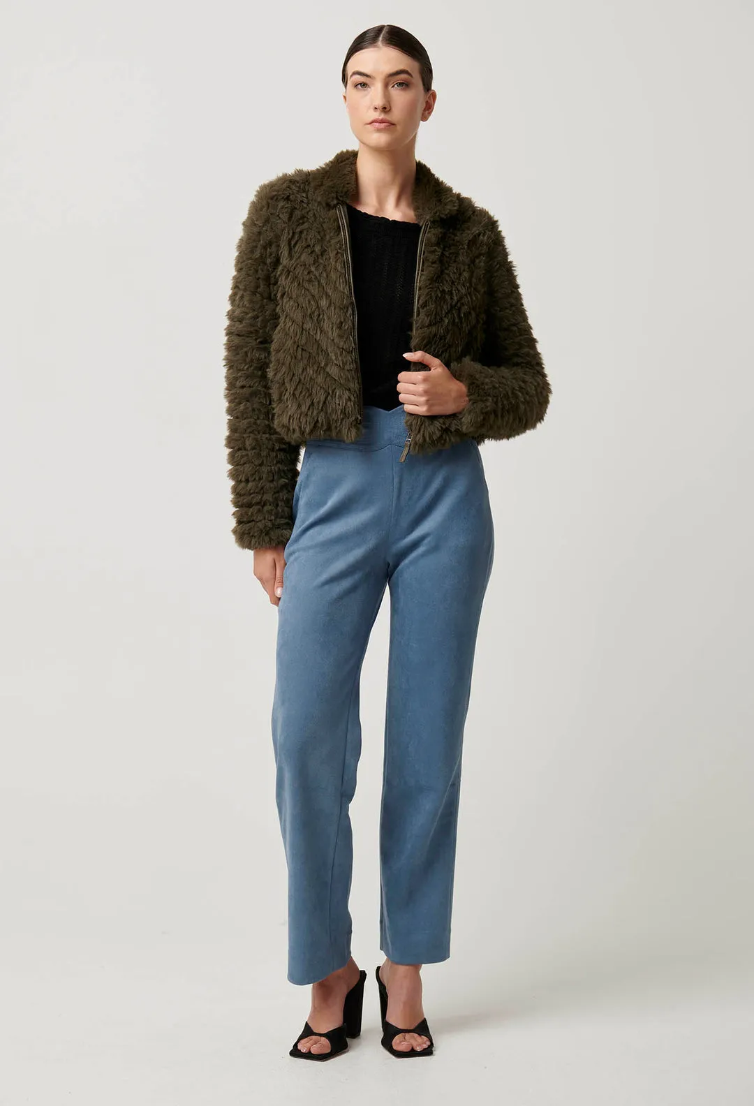 Once Was - Sybil Chevron Faux Fur Rib Collar Bomber in Moss Green