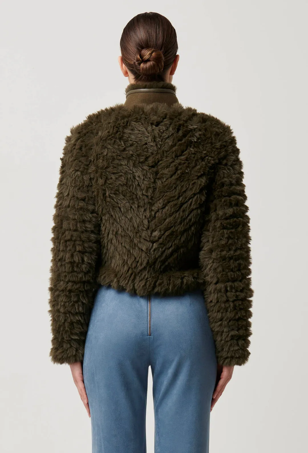 Once Was - Sybil Chevron Faux Fur Rib Collar Bomber in Moss Green