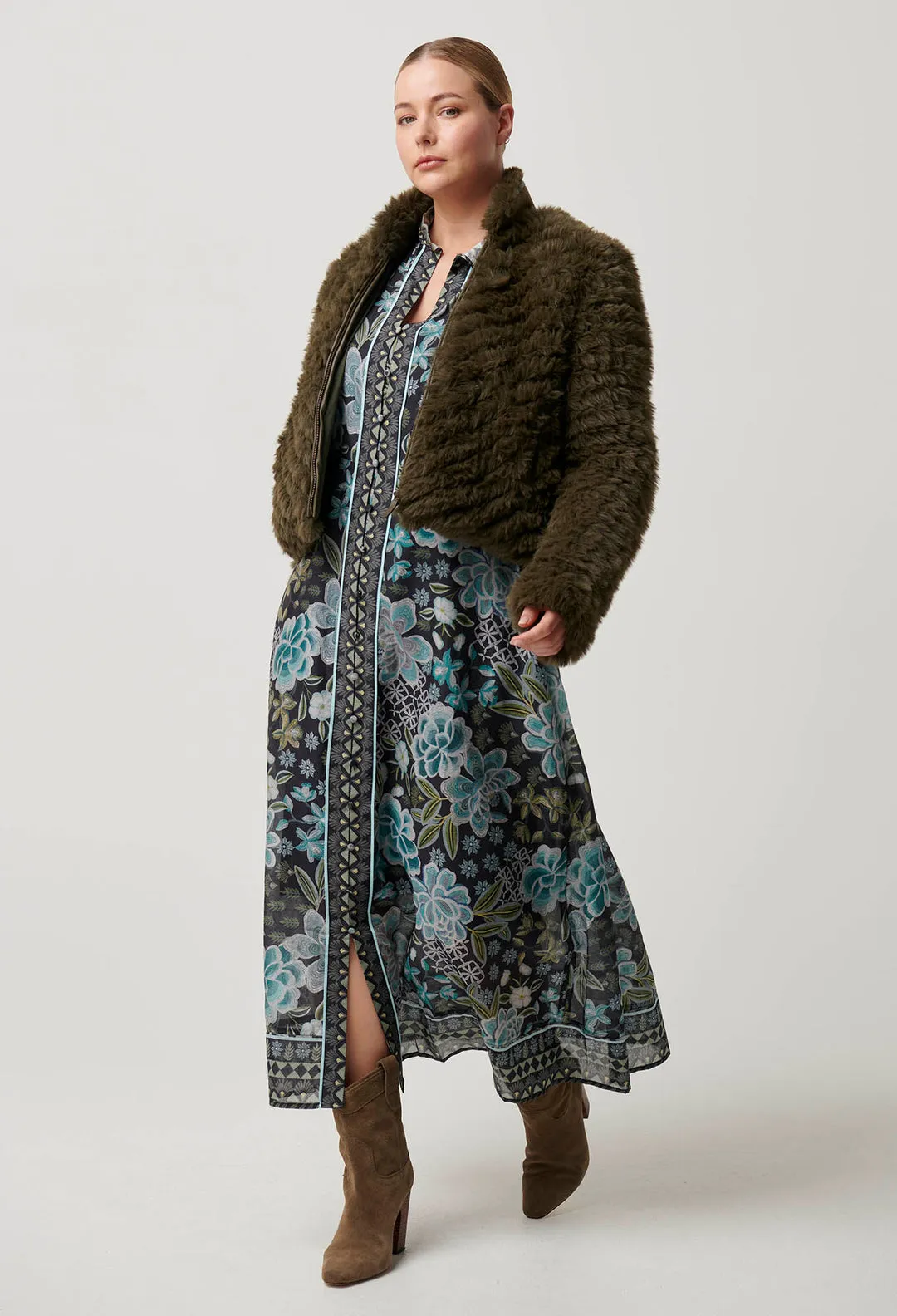 Once Was - Sybil Chevron Faux Fur Rib Collar Bomber in Moss Green