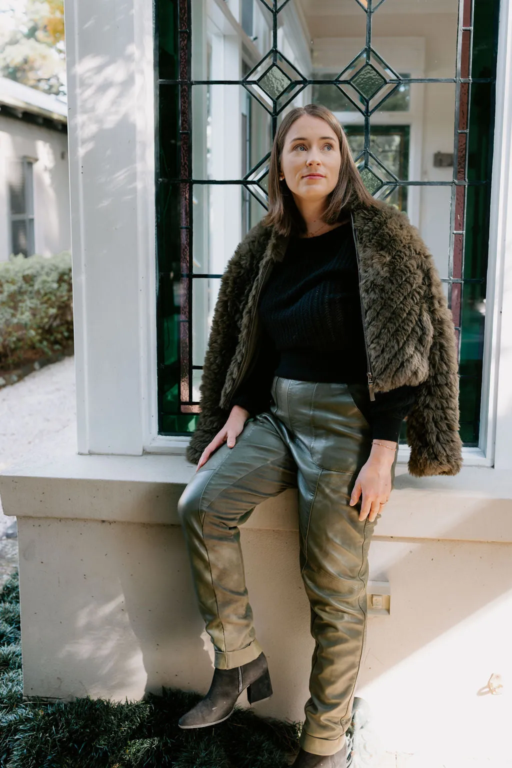 Once Was - Sybil Chevron Faux Fur Rib Collar Bomber in Moss Green