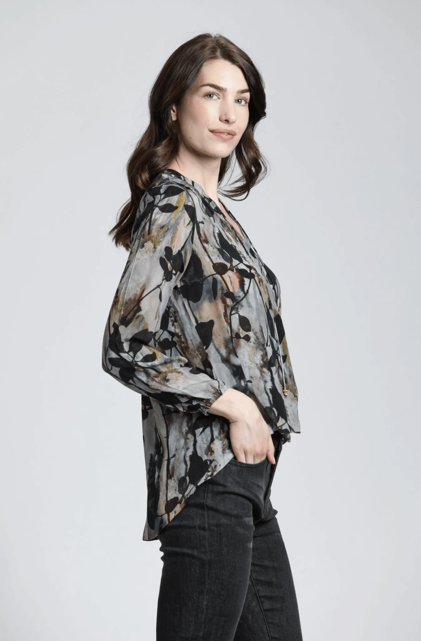 Painterly Leaves Print - Crossover Top With Tassel