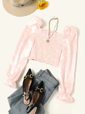 Parien Bell Sleeve Shirred Silk Crop Top (Clearance sale