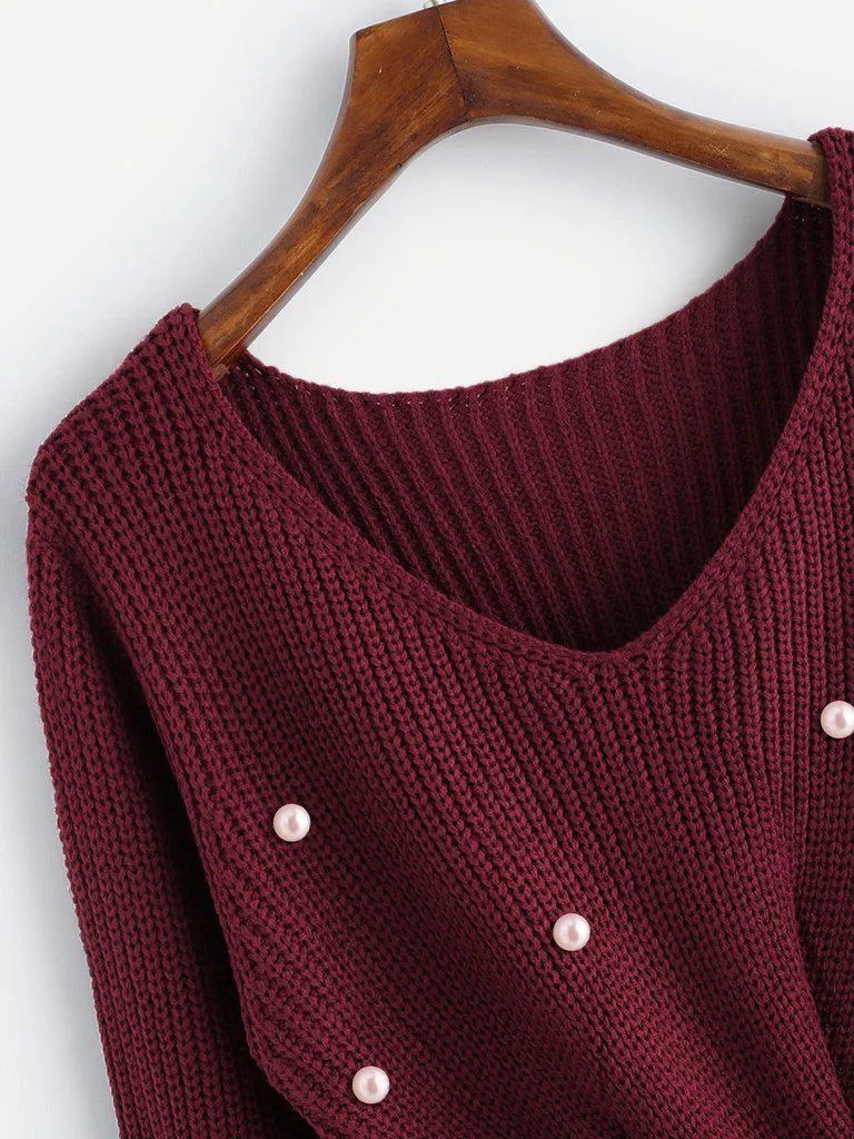 Pearl Beaded Detail Twist Sweater