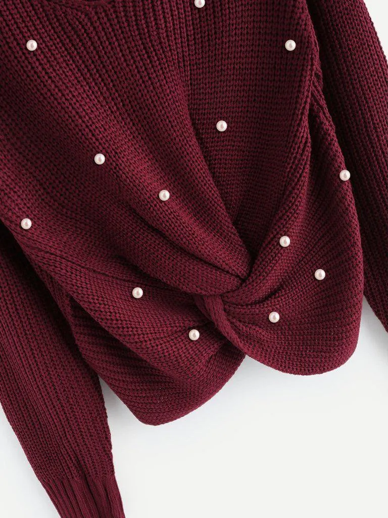 Pearl Beaded Detail Twist Sweater