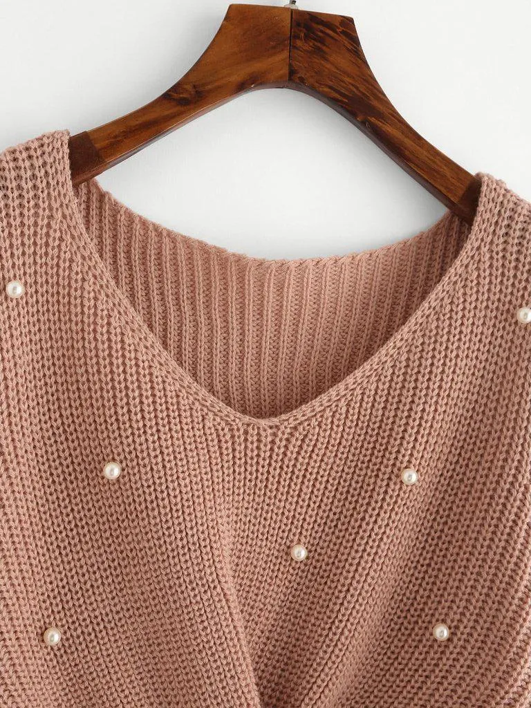 Pearl Beaded Detail Twist Sweater