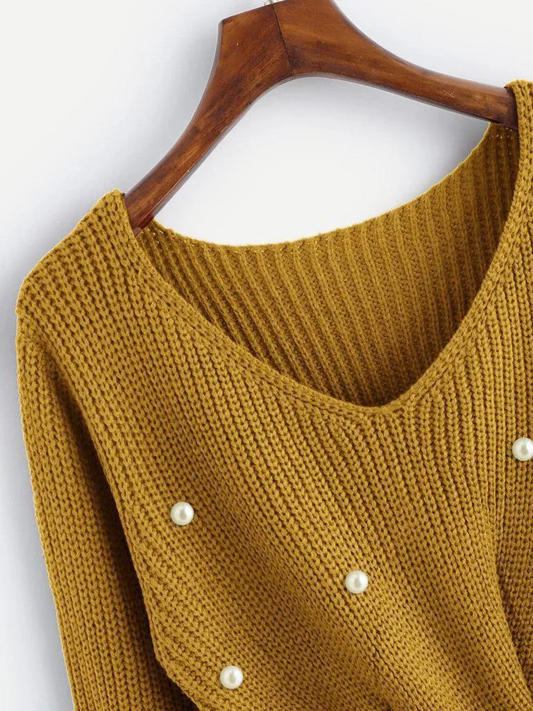 Pearl Beaded Detail Twist Sweater
