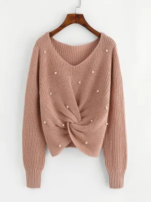 Pearl Beaded Detail Twist Sweater
