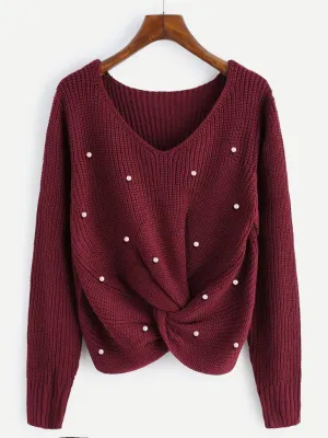 Pearl Beaded Detail Twist Sweater