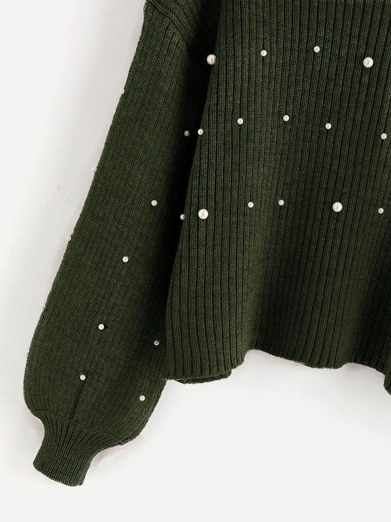 Pearl Embellished Exaggerated Bishop Sleeve Ribbed Sweater
