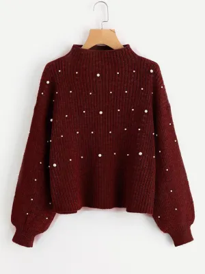 Pearl Embellished Exaggerated Bishop Sleeve Ribbed Sweater