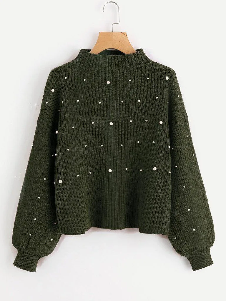 Pearl Embellished Exaggerated Bishop Sleeve Ribbed Sweater
