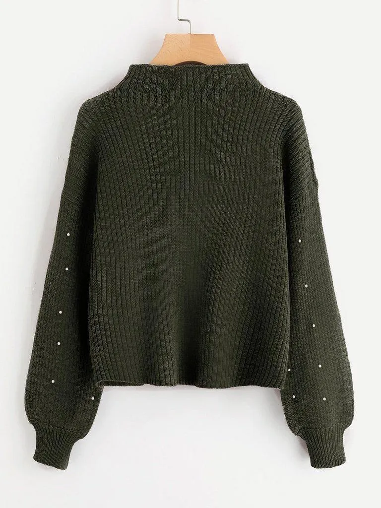 Pearl Embellished Exaggerated Bishop Sleeve Ribbed Sweater