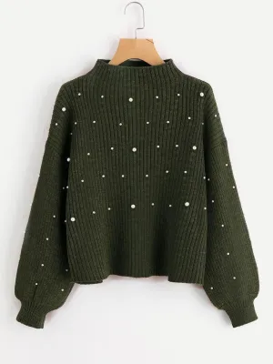 Pearl Embellished Exaggerated Bishop Sleeve Ribbed Sweater