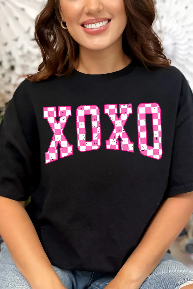Pink Checkerboard XOXO Short Sleeve Relaxed Fit T-Shirt
