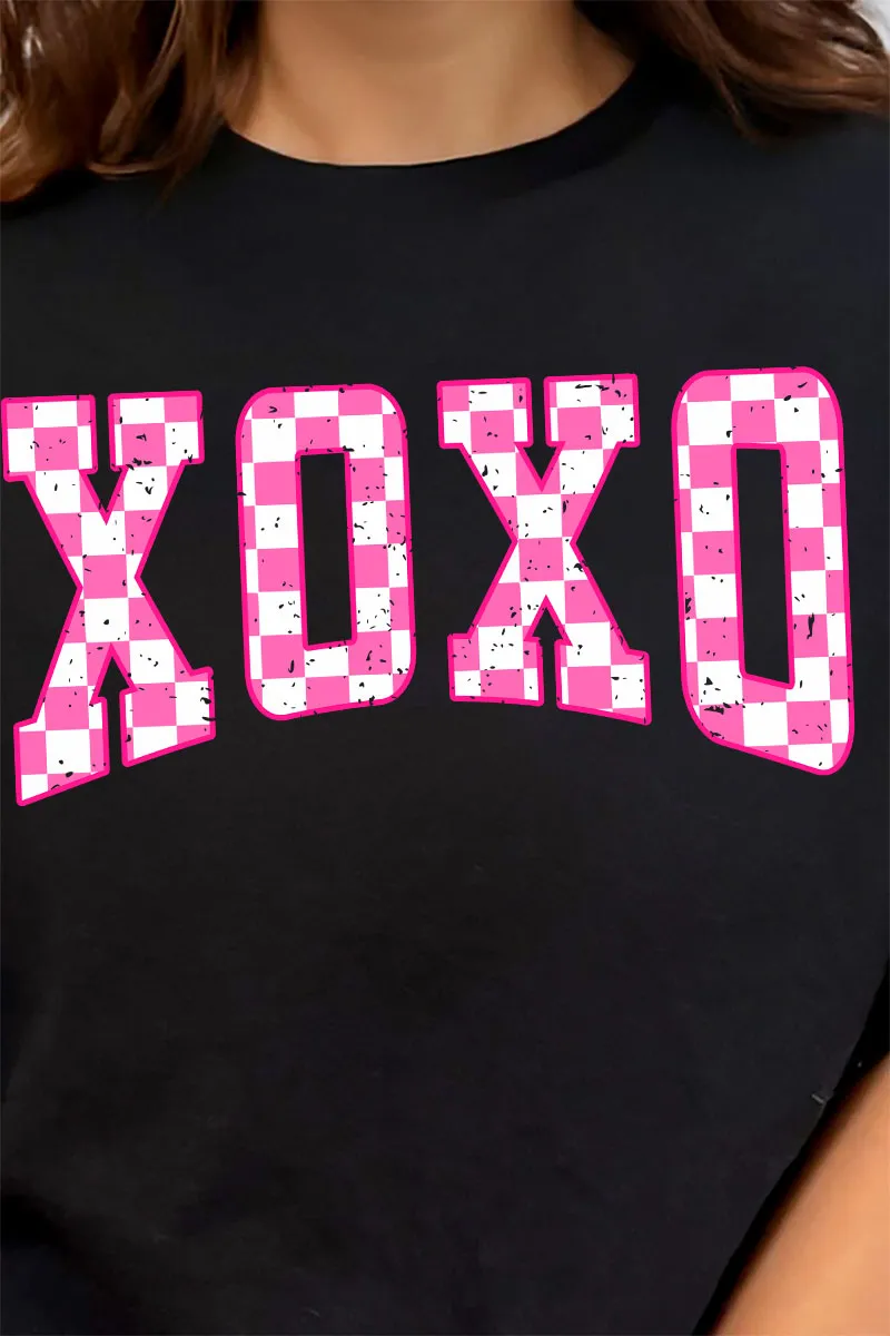 Pink Checkerboard XOXO Short Sleeve Relaxed Fit T-Shirt