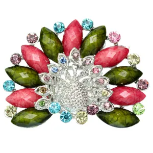 Pink Green Rhinestone Peacock Stretch Ring