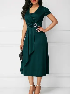 Plus Size Casual Midi Dress, Polyester V-Neck with Short Sleeves, Solid Color, Slight Stretch, Knit Fabric, with Asymmetrical Skirt, for Spring/Fall - Women'S Elegant Weekend Wear