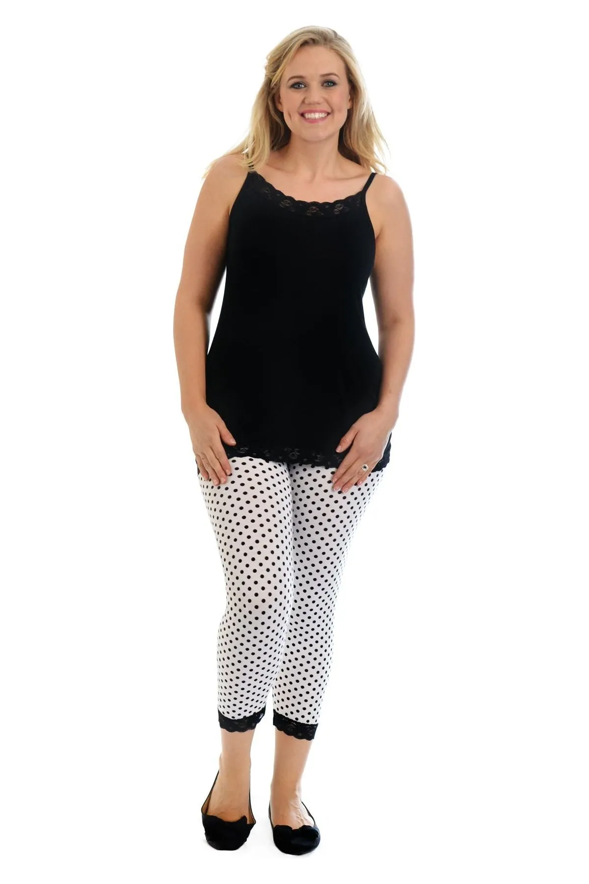 Plus Size Cropped Polka Dot Lace Trim Leggings