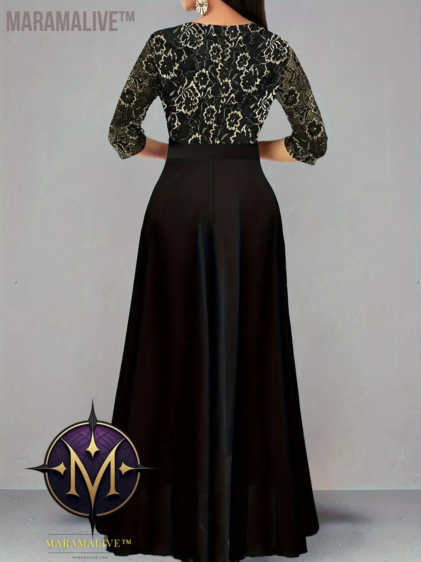 Plus Size Elegant Dress, Women's Plus Floral Print Three Quarter Sleeve Contrast Lace Trim V Neck Wrap Split Hem Maxi Dress
