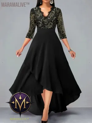 Plus Size Elegant Dress, Women's Plus Floral Print Three Quarter Sleeve Contrast Lace Trim V Neck Wrap Split Hem Maxi Dress