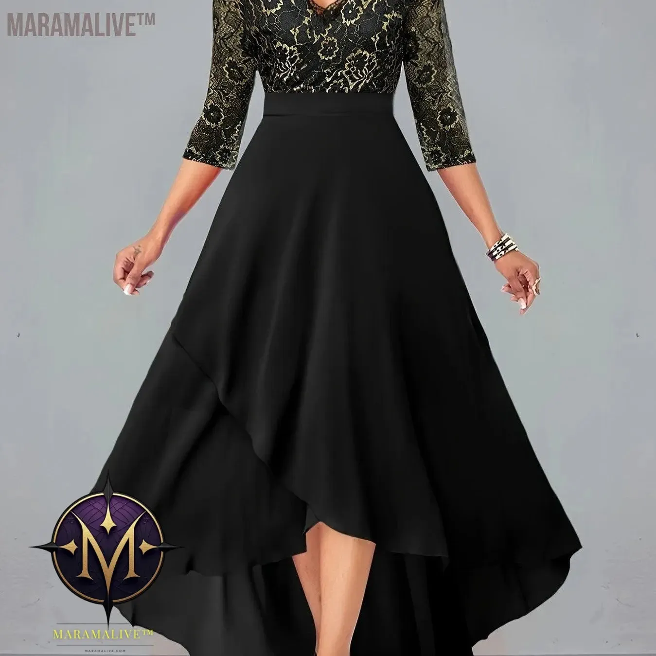 Plus Size Elegant Dress, Women's Plus Floral Print Three Quarter Sleeve Contrast Lace Trim V Neck Wrap Split Hem Maxi Dress